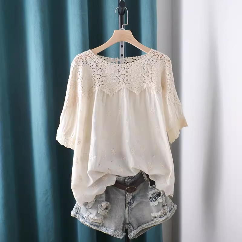 Summer Clothing In Japan - 2026 Ausgehöhlte Spitzen-Patchwork-Hemden und Blusen Kurzarm