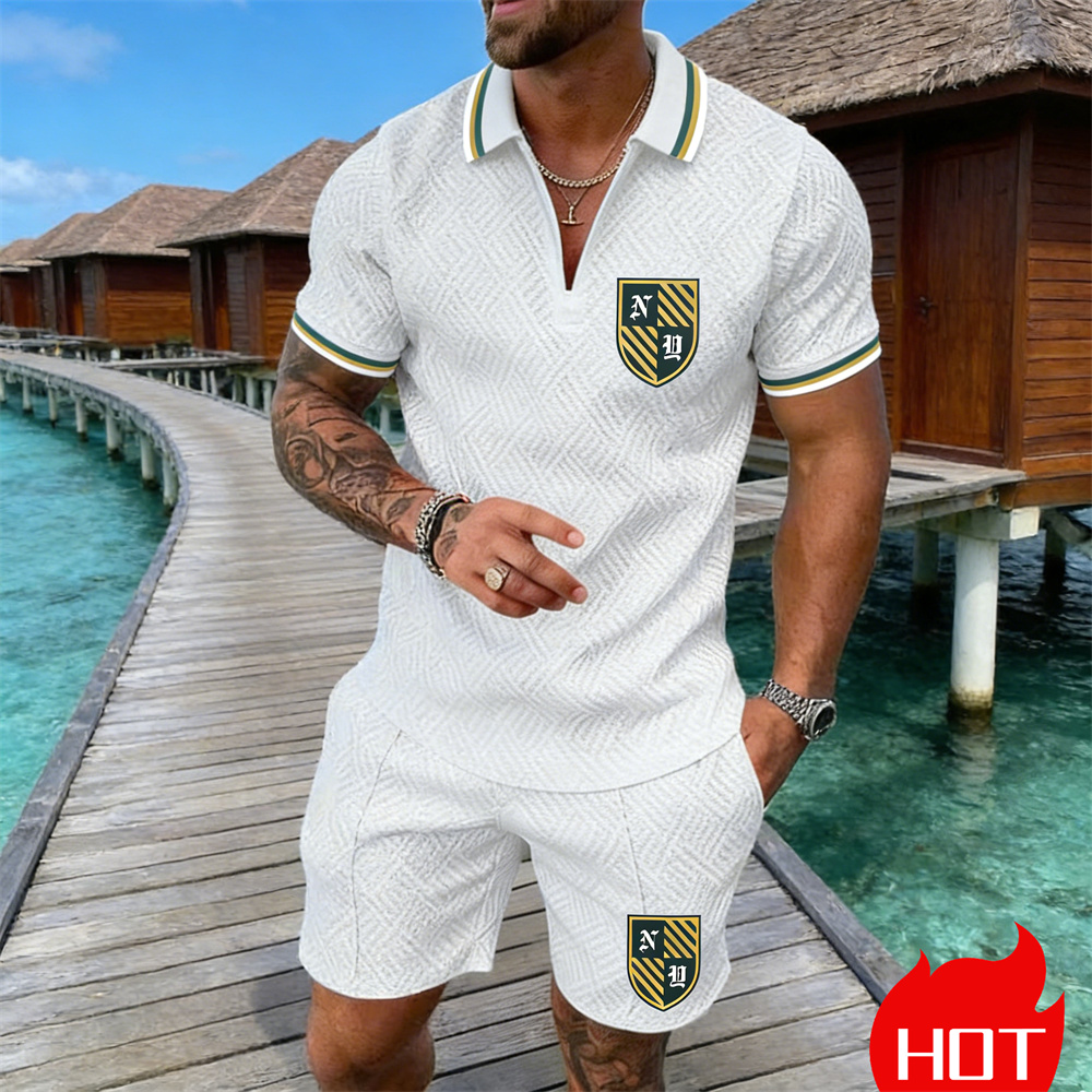 Summer Clothing Resort - Sommerliches 3D-Retro-Muster Freizeit-Polohemd-Set für Herren, Resort-Hotel