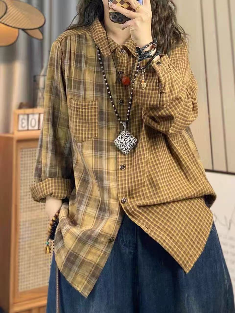 Summer Clothing In Japan - 2026 Damen-Herbstmode Japanische Mode Baumwollgarn Damen-Karo-Hemden