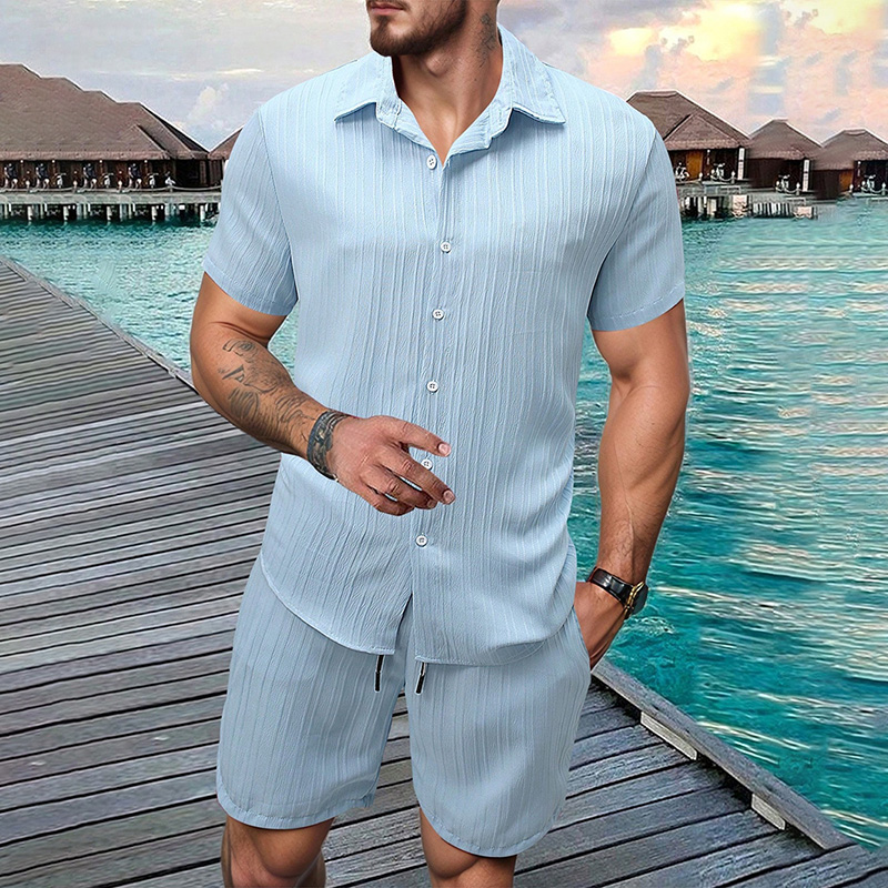 Summer Clothing Sets Men - 2026 Neues Herren-Set: Vertikal geknittertes Revers-Kurzarmhemd