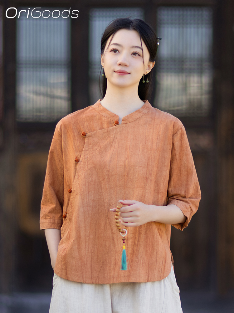 Summer Clothing In Japan - OriGoods Batik-Hemd für Damen, Ramie-Baumwolle, locker